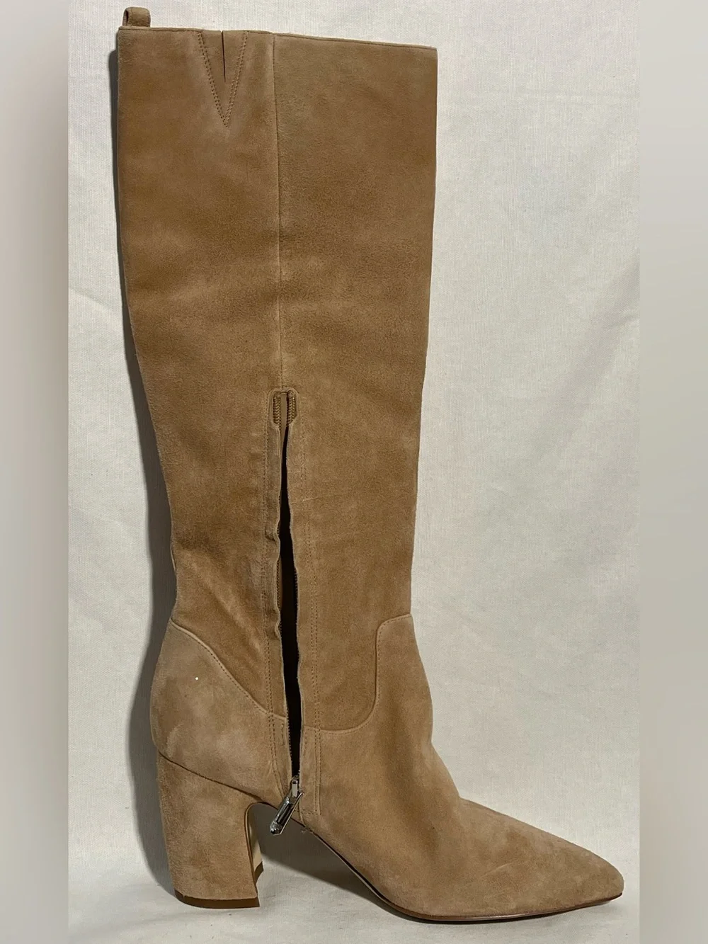Sam Edelman Hai Suede Knee-High Boots Camel Tan Pointed Toe Block Heel